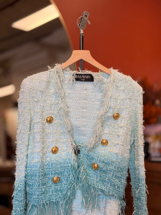 Balmain Fringed Denim Tweed Jacket in blue