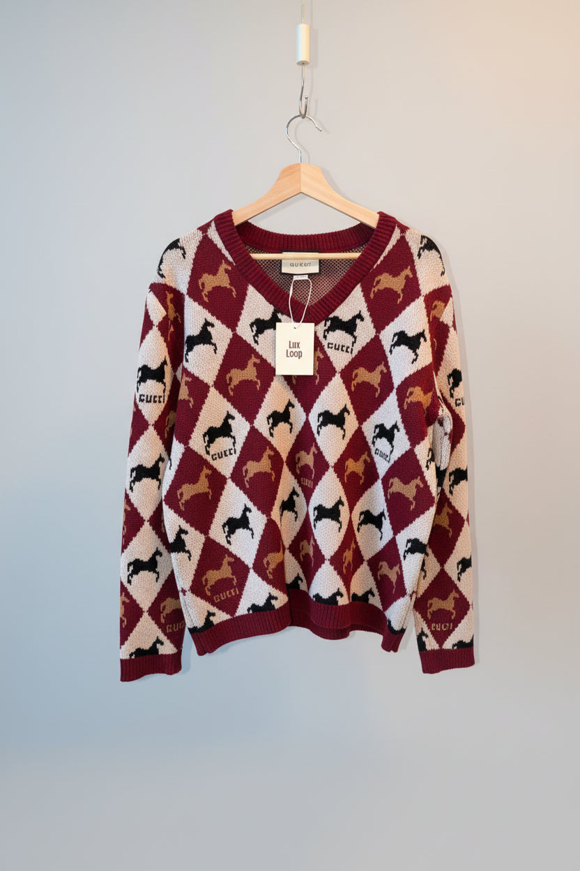 Gucci Wool Argyle Horse Intarsia V-Neck Sweater