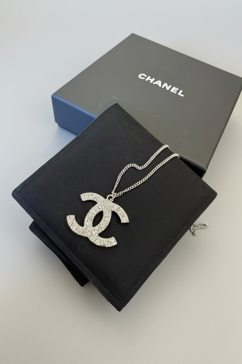Chanel Large Crystal Pavé CC Logo Pendant Necklace