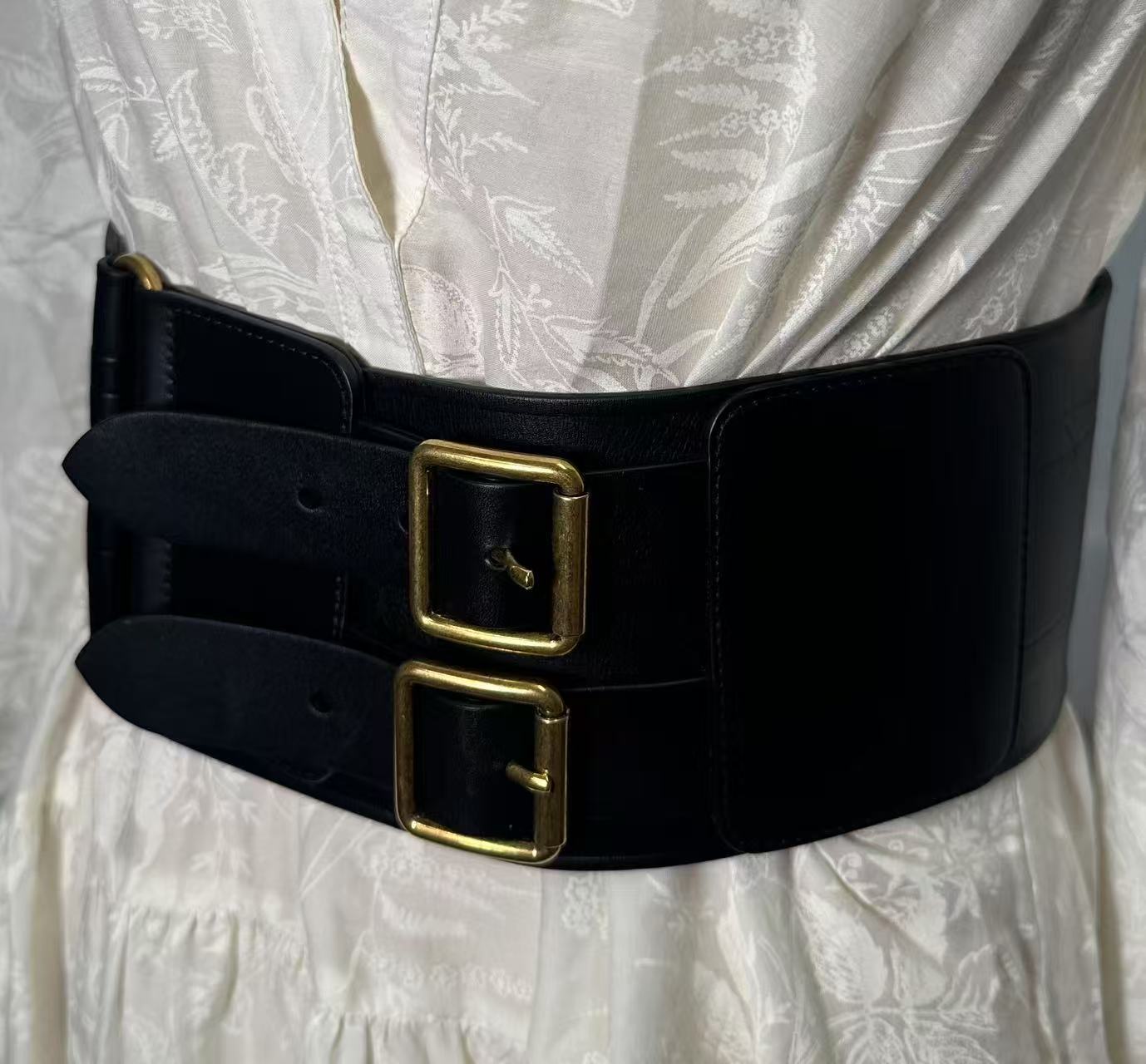 Dior Black Leather Wide Double Buckle Waist Belt 75 CM