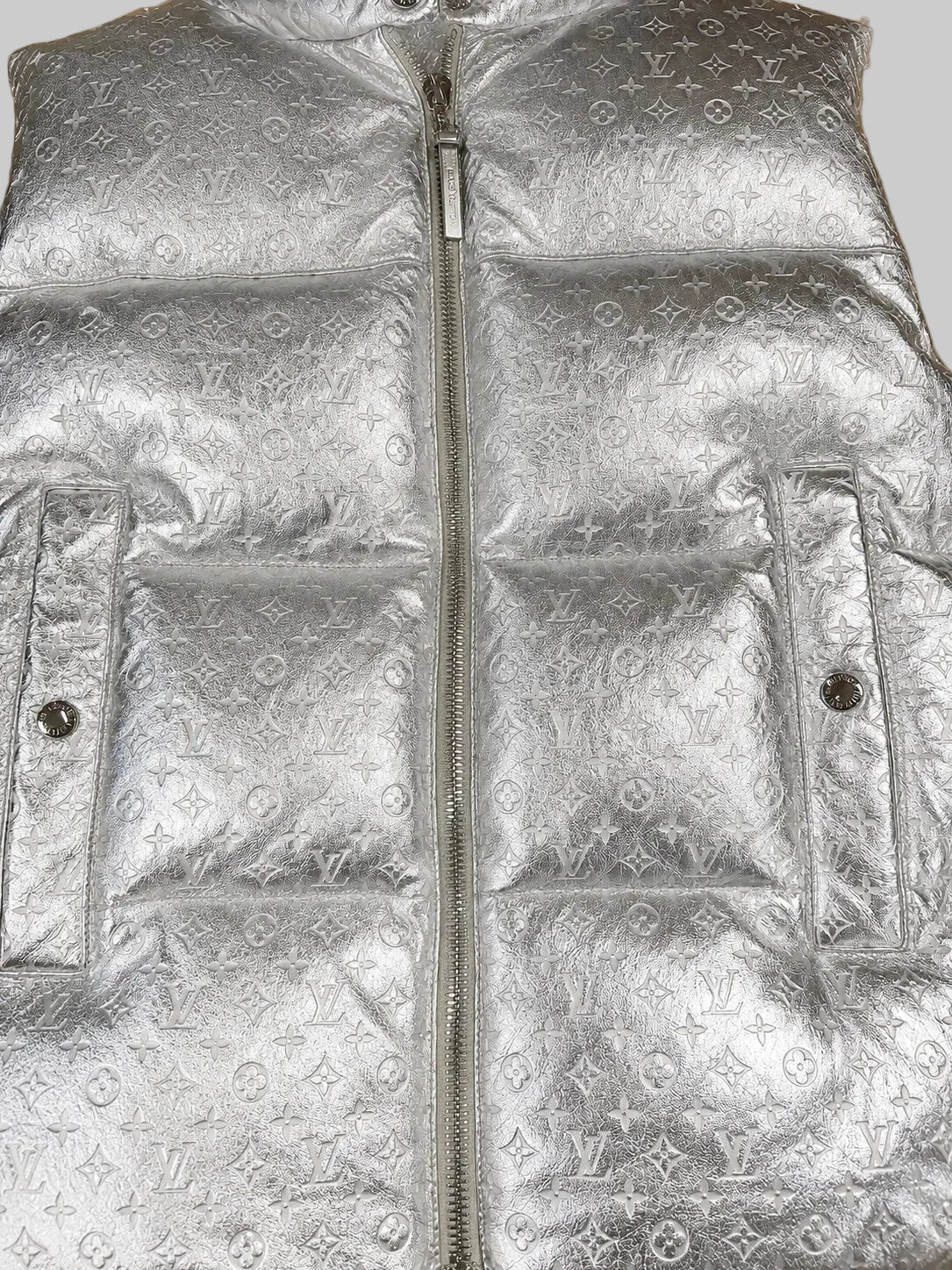 Louis Vuitton Monogram Embossed Metallic Silver Puffer Vest