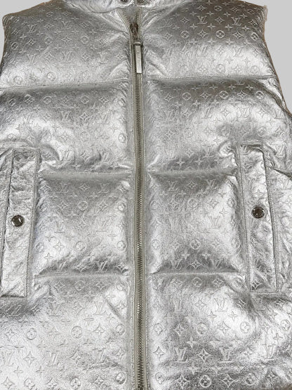Louis Vuitton Monogram Embossed Metallic Silver Puffer Vest