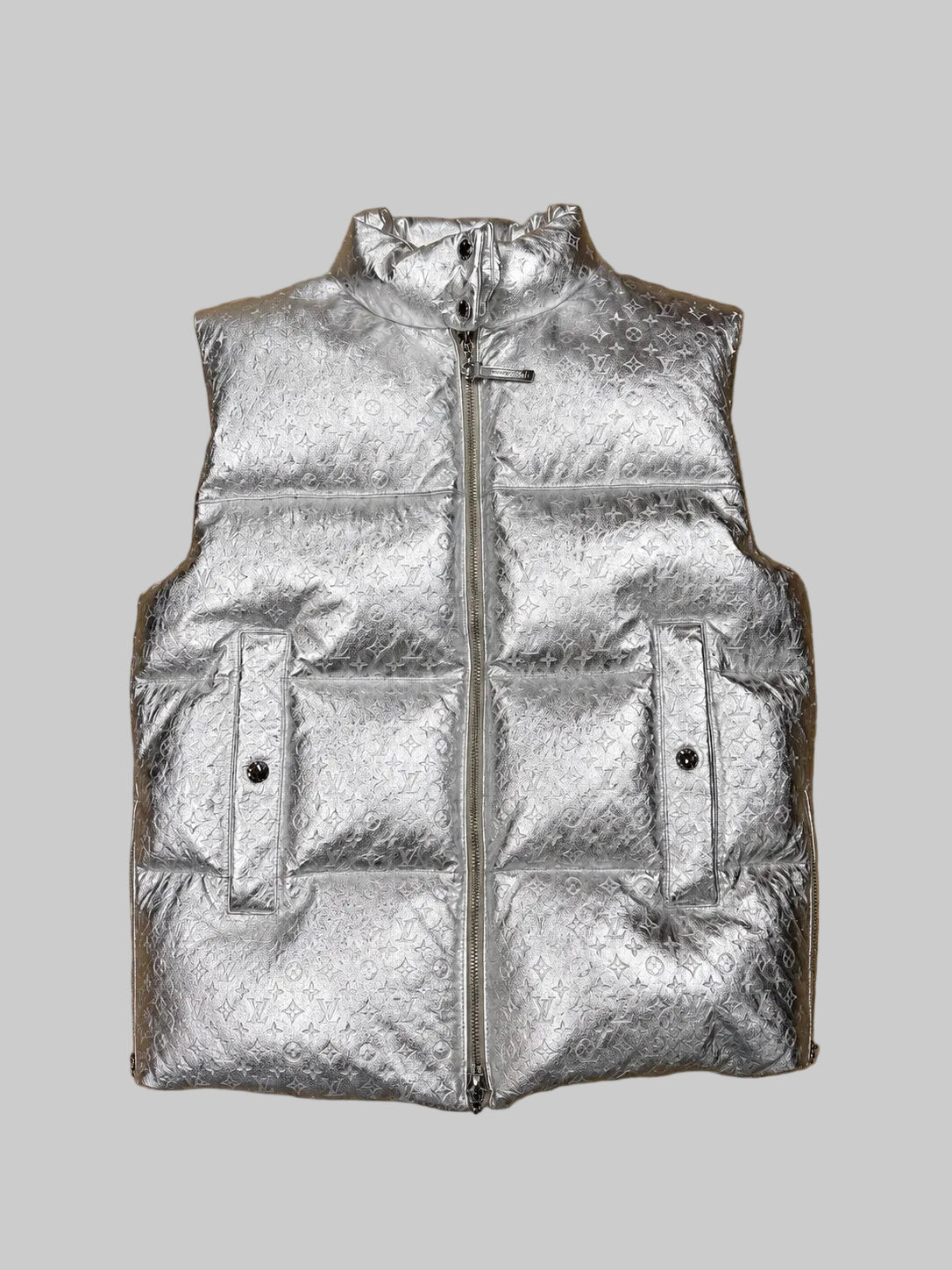 Louis Vuitton Monogram Embossed Metallic Silver Puffer Vest