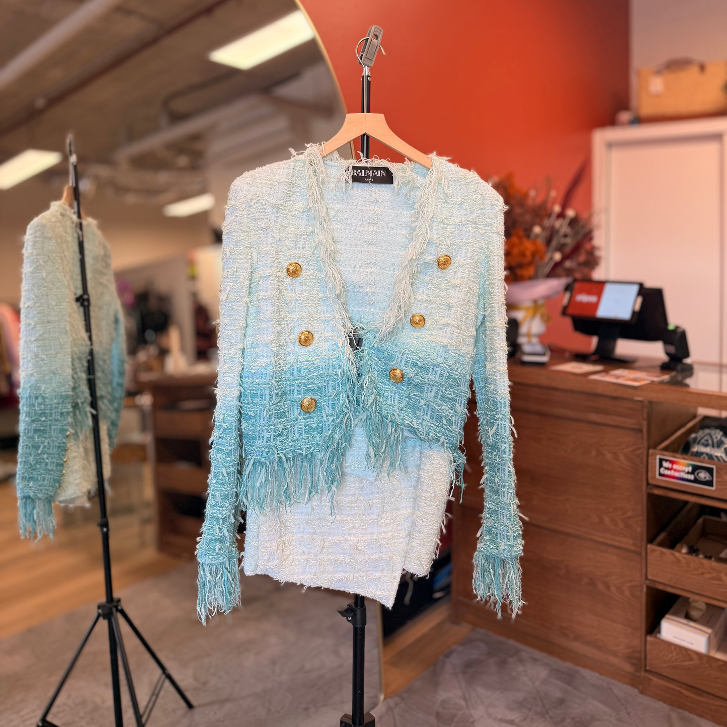 Balmain Fringed Denim Tweed Jacket in blue
