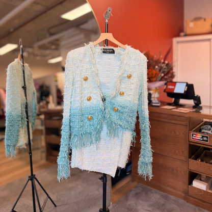 Balmain Fringed Denim Tweed Jacket in blue