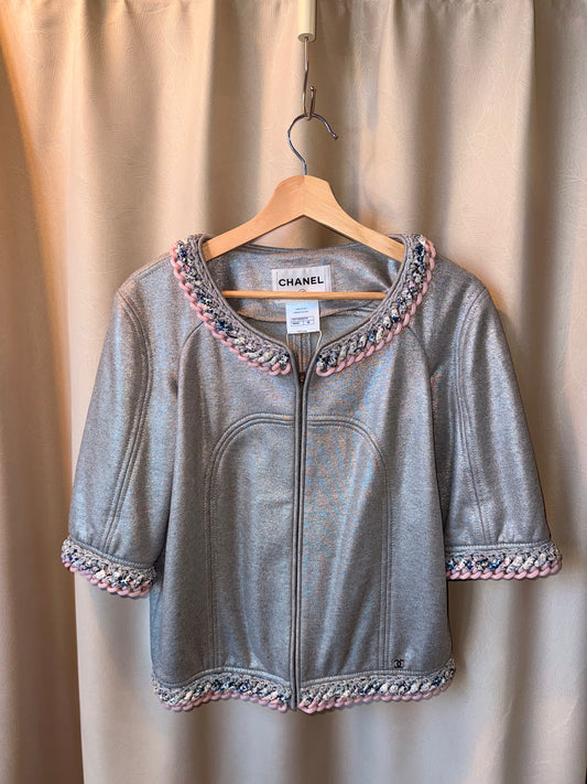 Chanel Metallic Silver Bomber Jacket