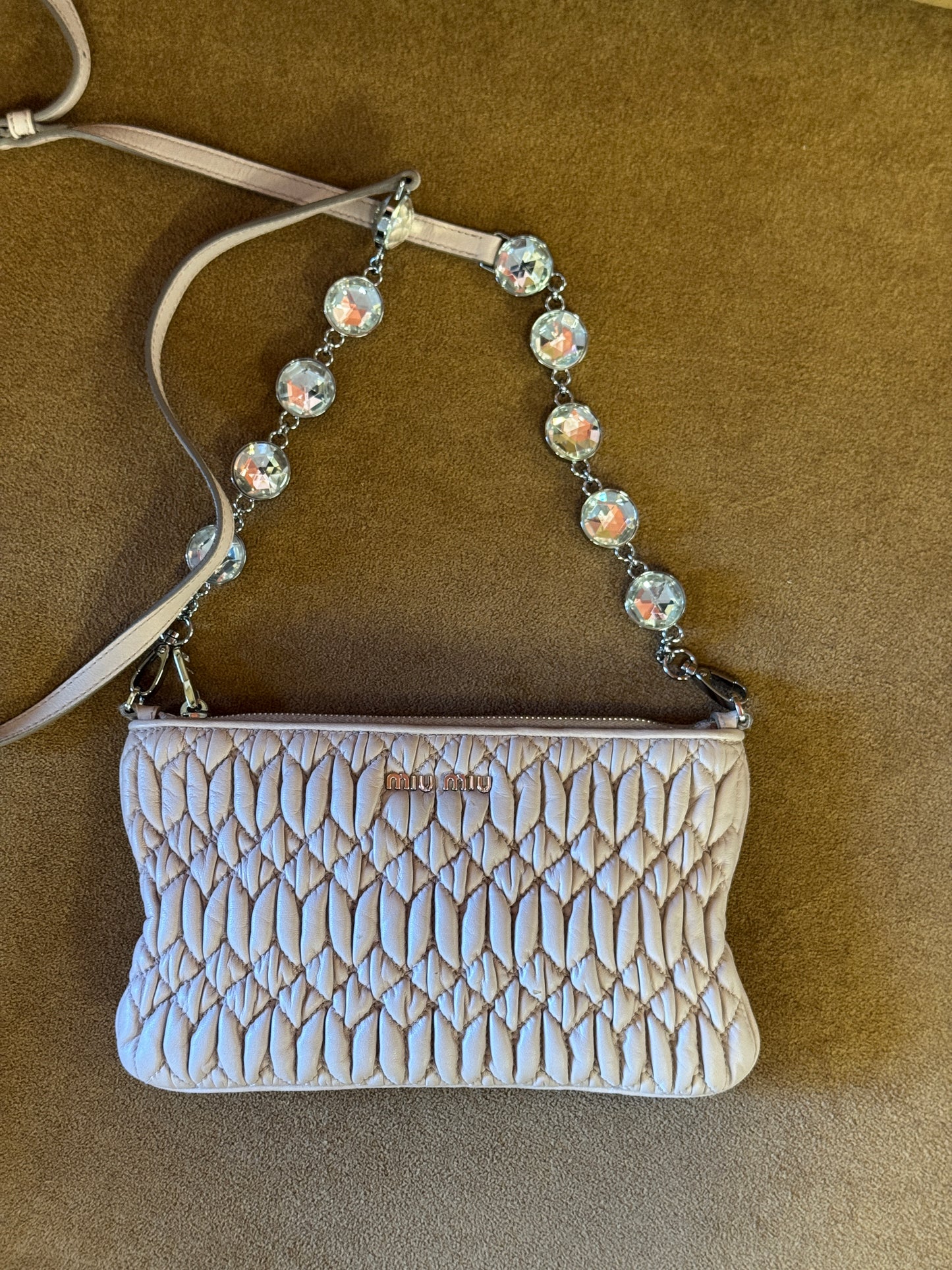Miu Miu Nappa Matelassé Crystal Jewel Chain Clutch