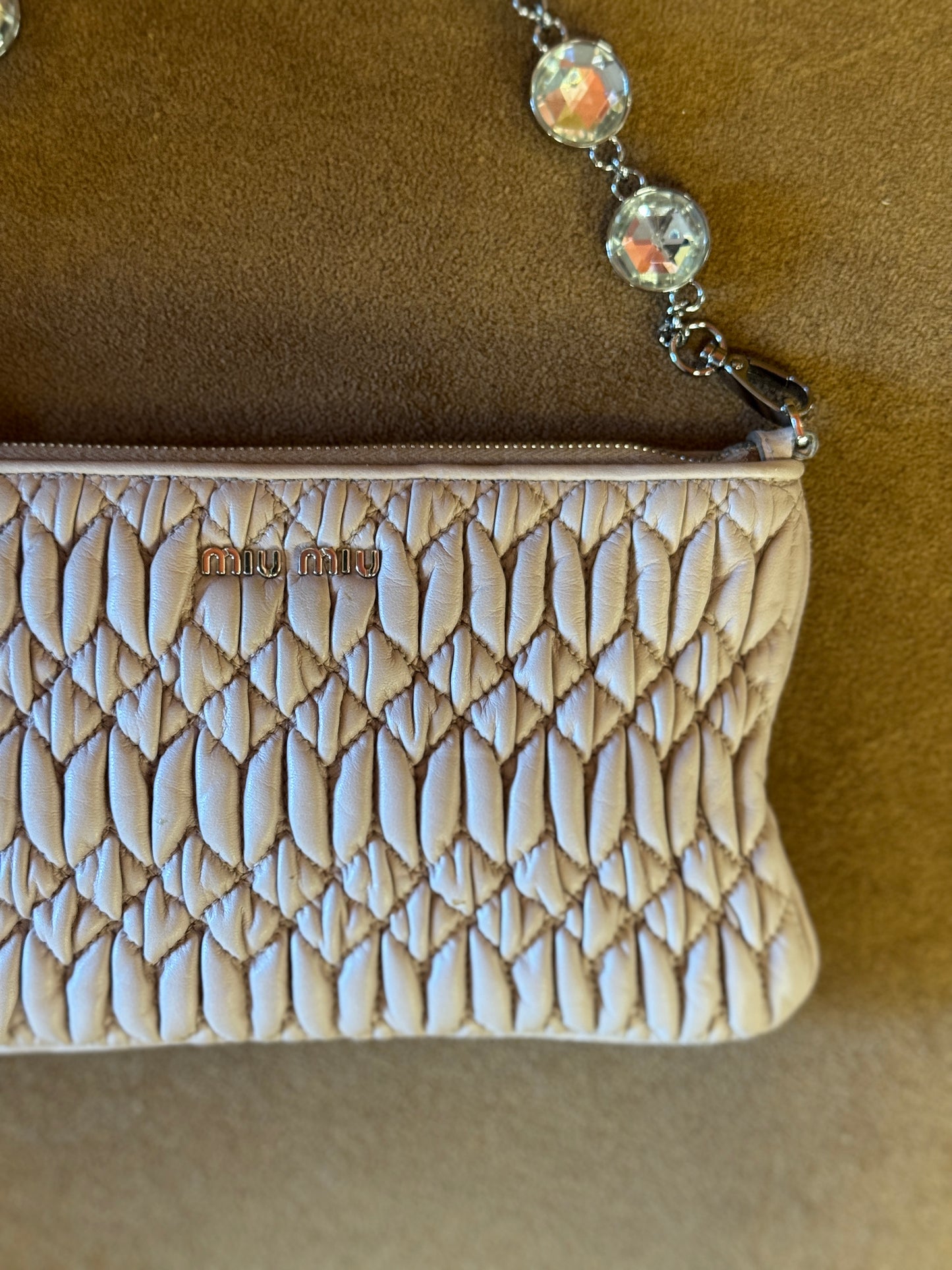 Miu Miu Nappa Matelassé Crystal Jewel Chain Clutch