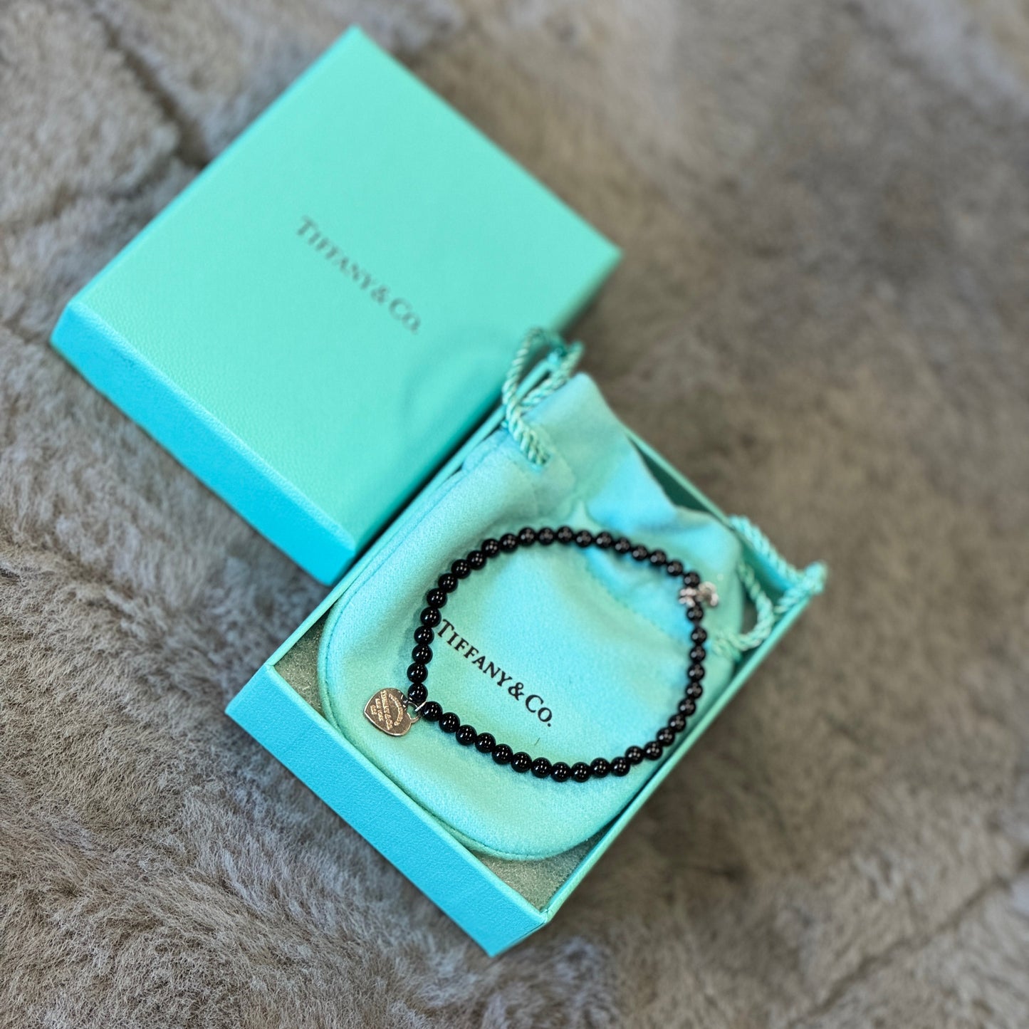 Tiffany Black Onyx Bead Bracelet with Heart Tag