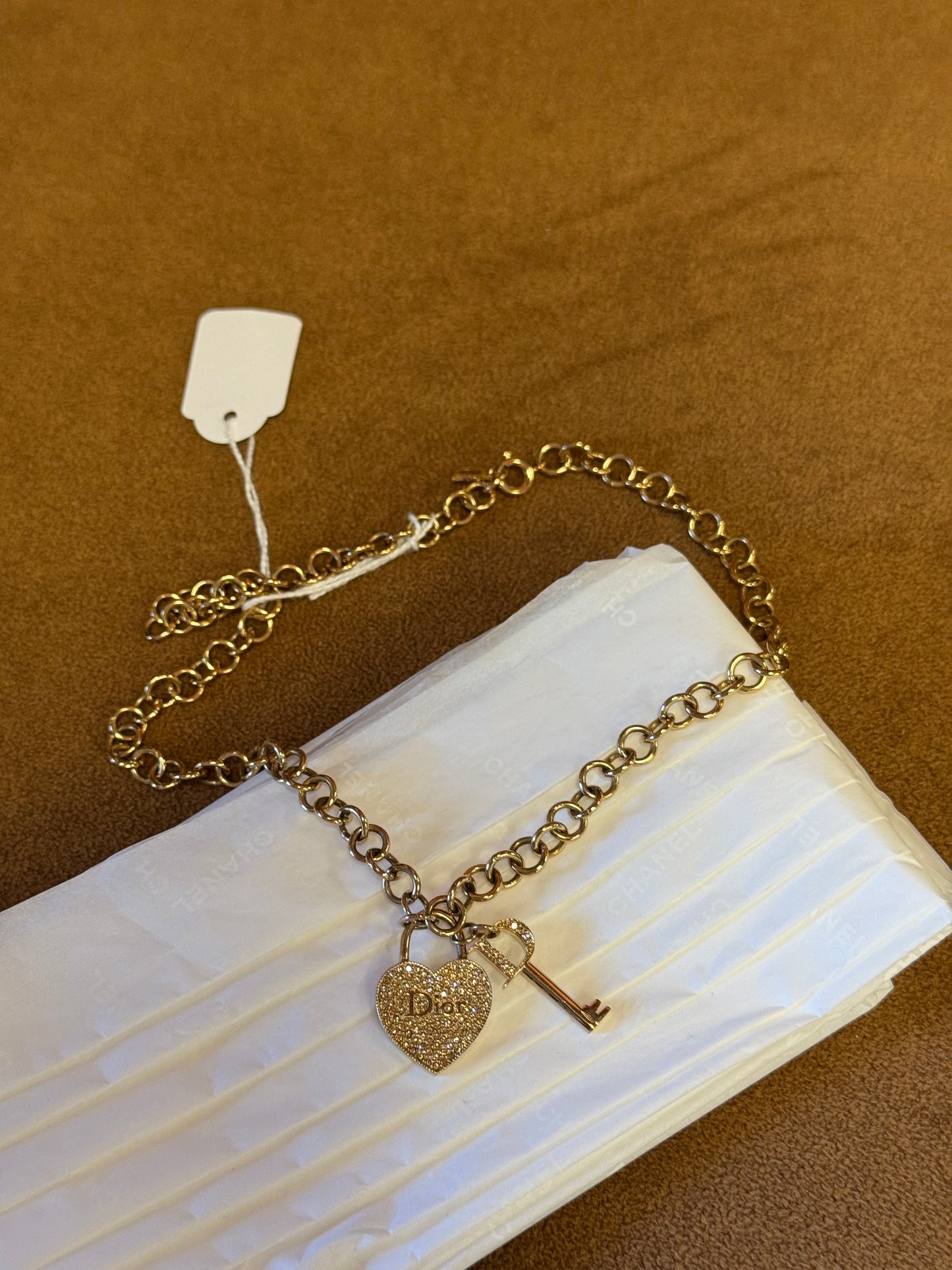 Christian Dior Crystal Pavé Heart Padlock &amp; Key Charm Necklace