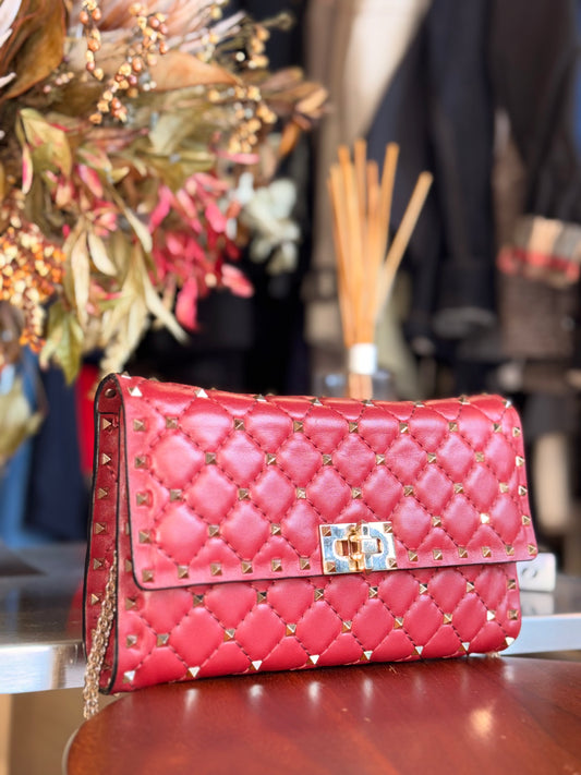 Valentino Garavani Rockstud Spike Red Quilted Lambskin Wallet on Chain