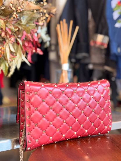 Valentino Garavani Rockstud Spike Red Quilted Lambskin Wallet on Chain