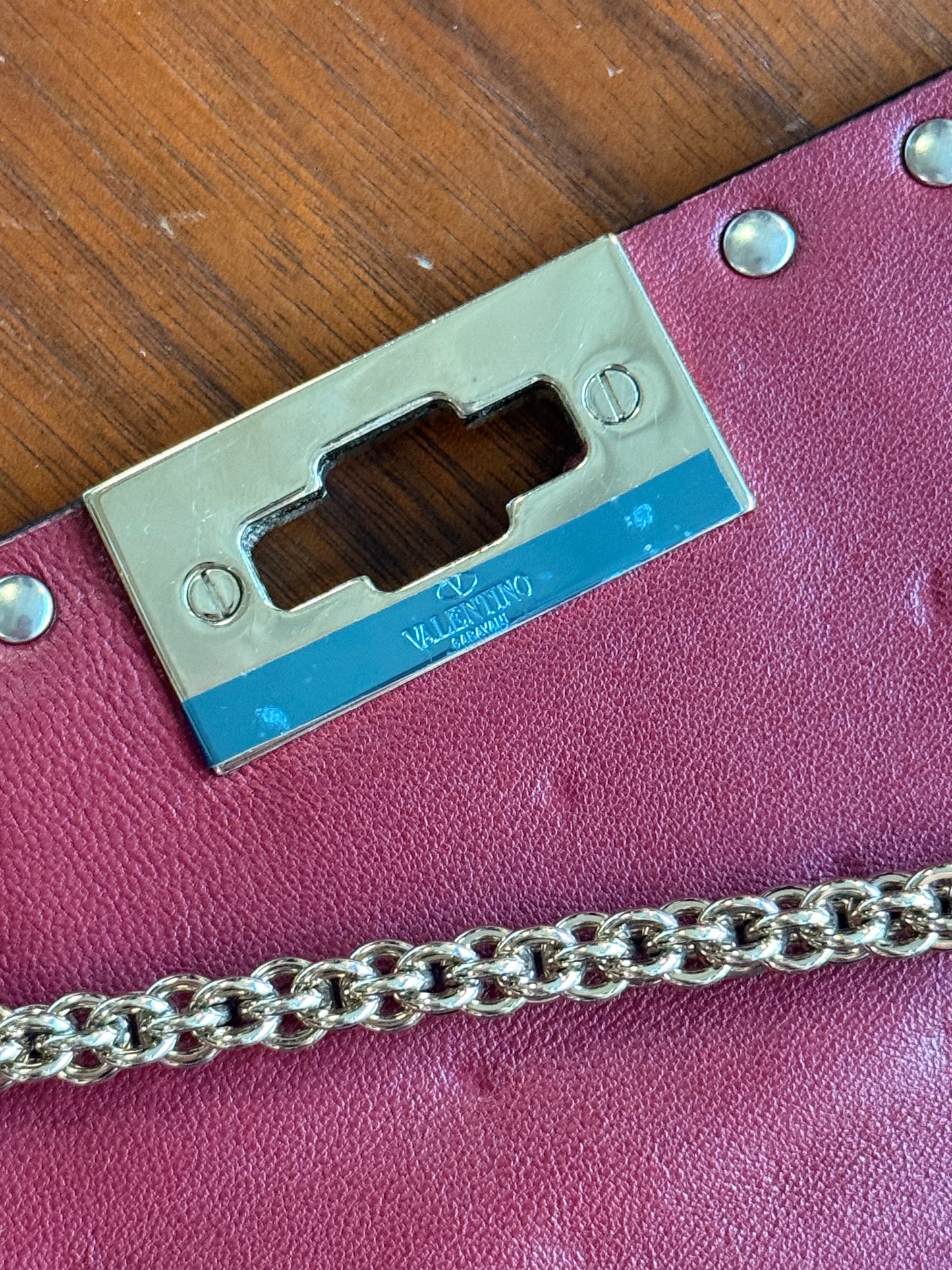 Valentino Garavani Rockstud Spike Red Quilted Lambskin Wallet on Chain