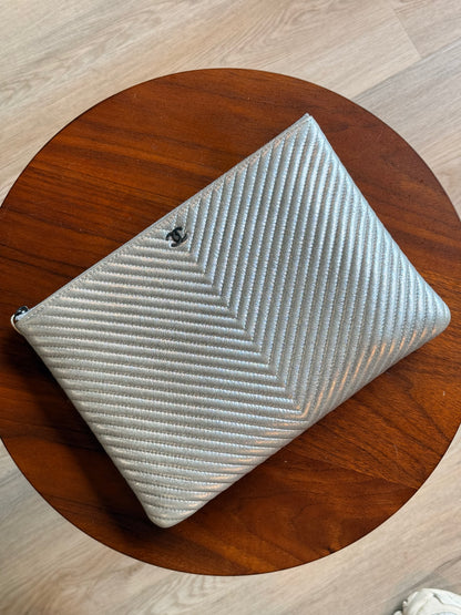 Chanel Silver Metallic Chevron Quilted Lambskin O Case Clutch