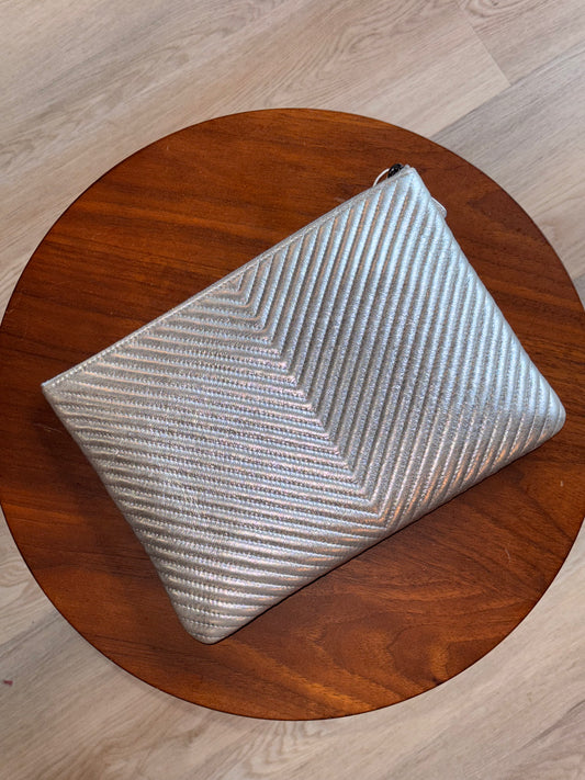Chanel Silver Metallic Chevron Quilted Lambskin O Case Clutch
