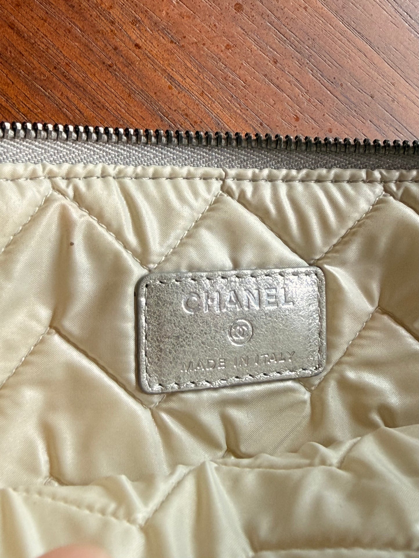 Chanel Silver Metallic Chevron Quilted Lambskin O Case Clutch