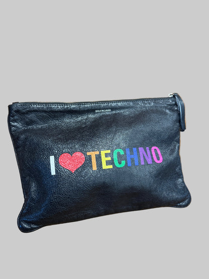 Balenciaga “I Love Techno” Leather Zip Pouch Clutch