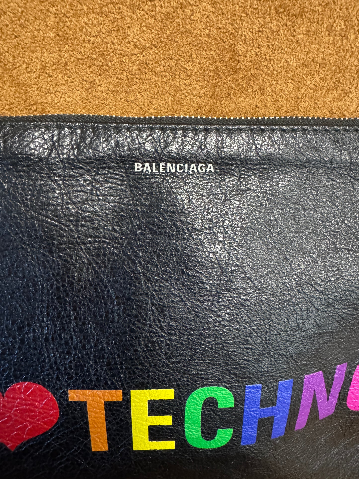 Balenciaga “I Love Techno” Leather Zip Pouch Clutch