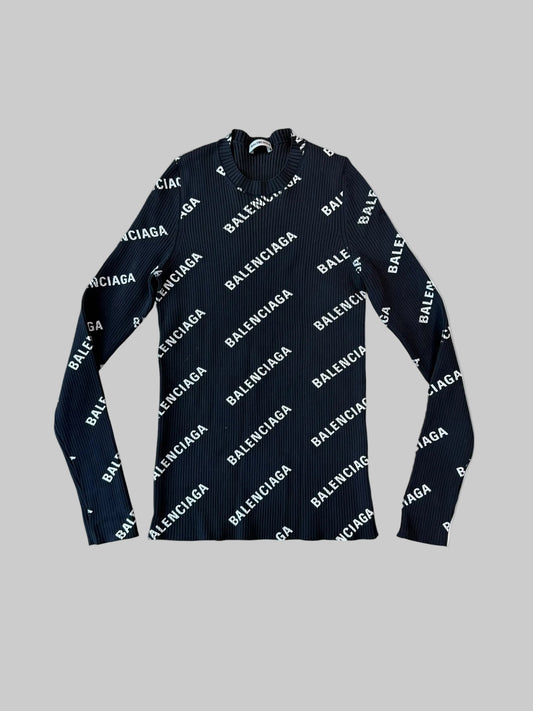 Balenciaga Logo Ribbed-Knit Long Sleeve Top