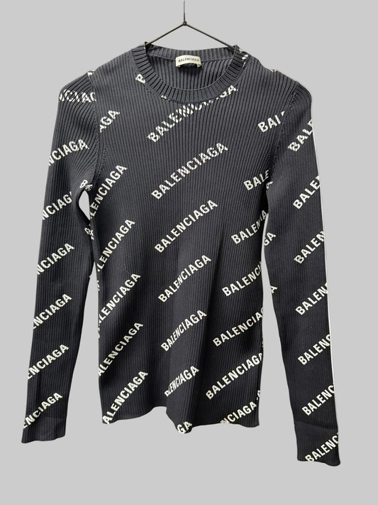 Balenciaga Logo Ribbed-Knit Long Sleeve Top