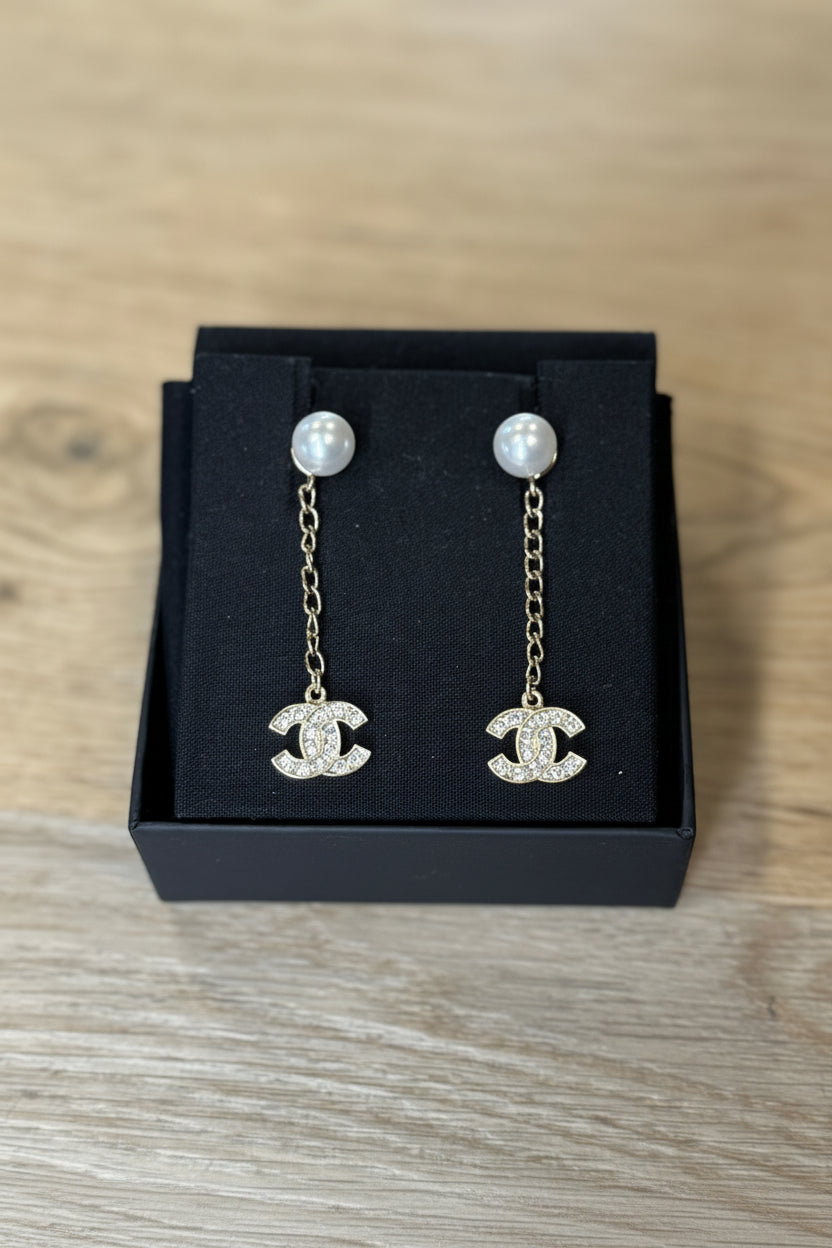 Chanel Pearl & Pavé CC Logo Drop Earrings