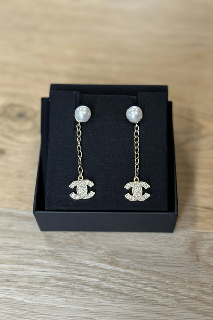 Chanel Pearl & Pavé CC Logo Drop Earrings
