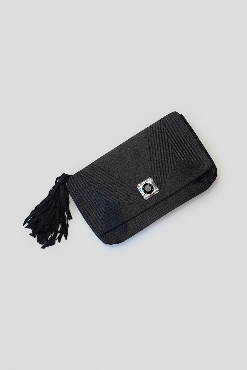 Lanvin Paris Black Satin Geometric Quilted Clutch Wristlet