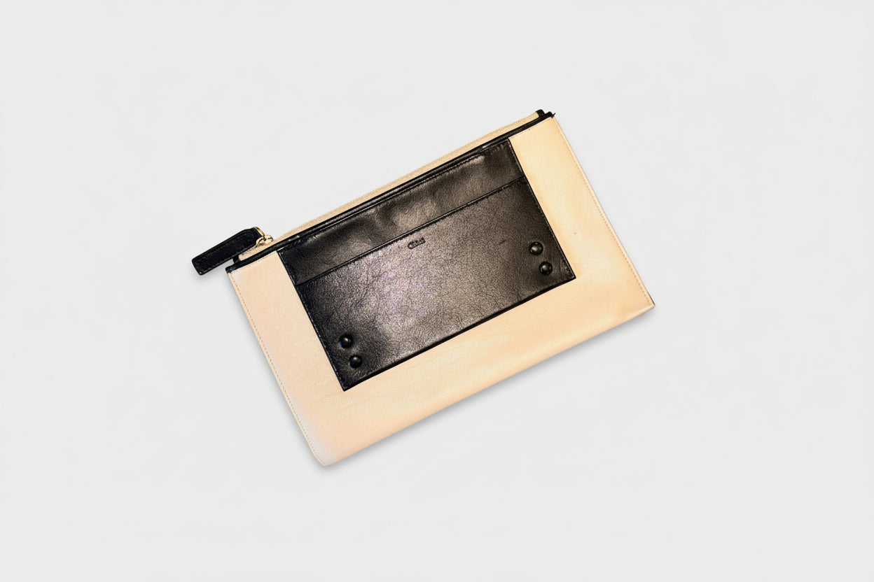 Chloé Colourblock Cream & Black Leather Zip Clutch Pouch