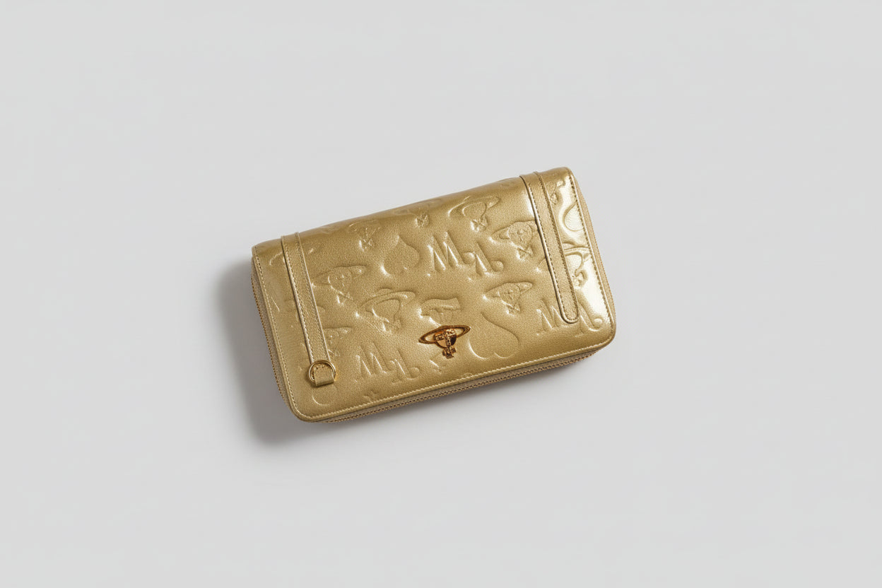 Vivienne Westwood Gold Metallic Patent Embossed Orb Zip-Around Wallet